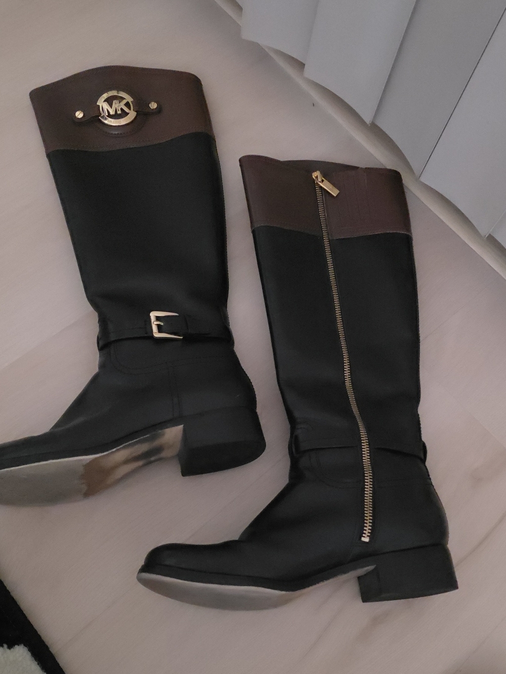Michael Kors Black and Brown Knee-High Riding Boots with Gold Hardware VGC